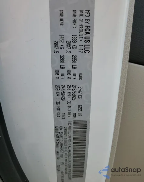 2017 Chrysler Pacifica Limited z USA, uszkodzony, nr VIN 2C4RC1GG7HR633457